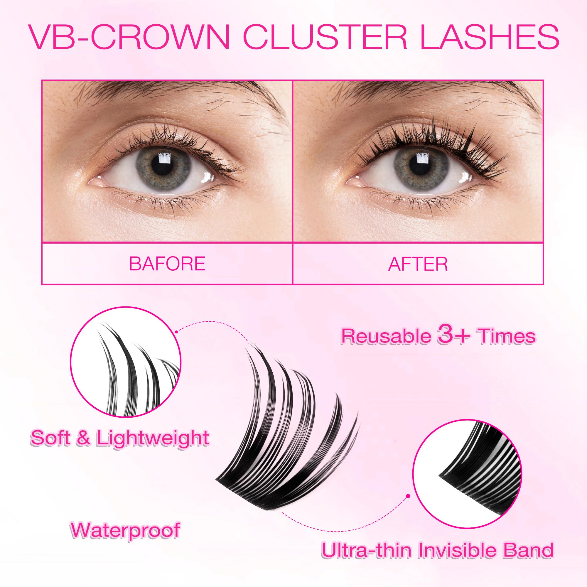 VEYESBEAUTY VB-Crown Cluster Lashes 100% Handcrafted Ultra-thin Extremely Fine Invisible Band False Eyelash Wispy Faux Mink Lash Mixed Length DIY Eyelash Extension for Self Makeup Cosmetic Application at Home