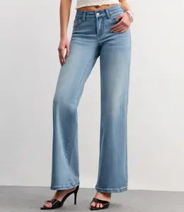 Adjustable Waist Band Jeans with Snap Button for Tailored Fit Stretchy Fabric Women's Comfortable Wide Leg Straight Denim Mid Waist Streetwear Minimalist Basic