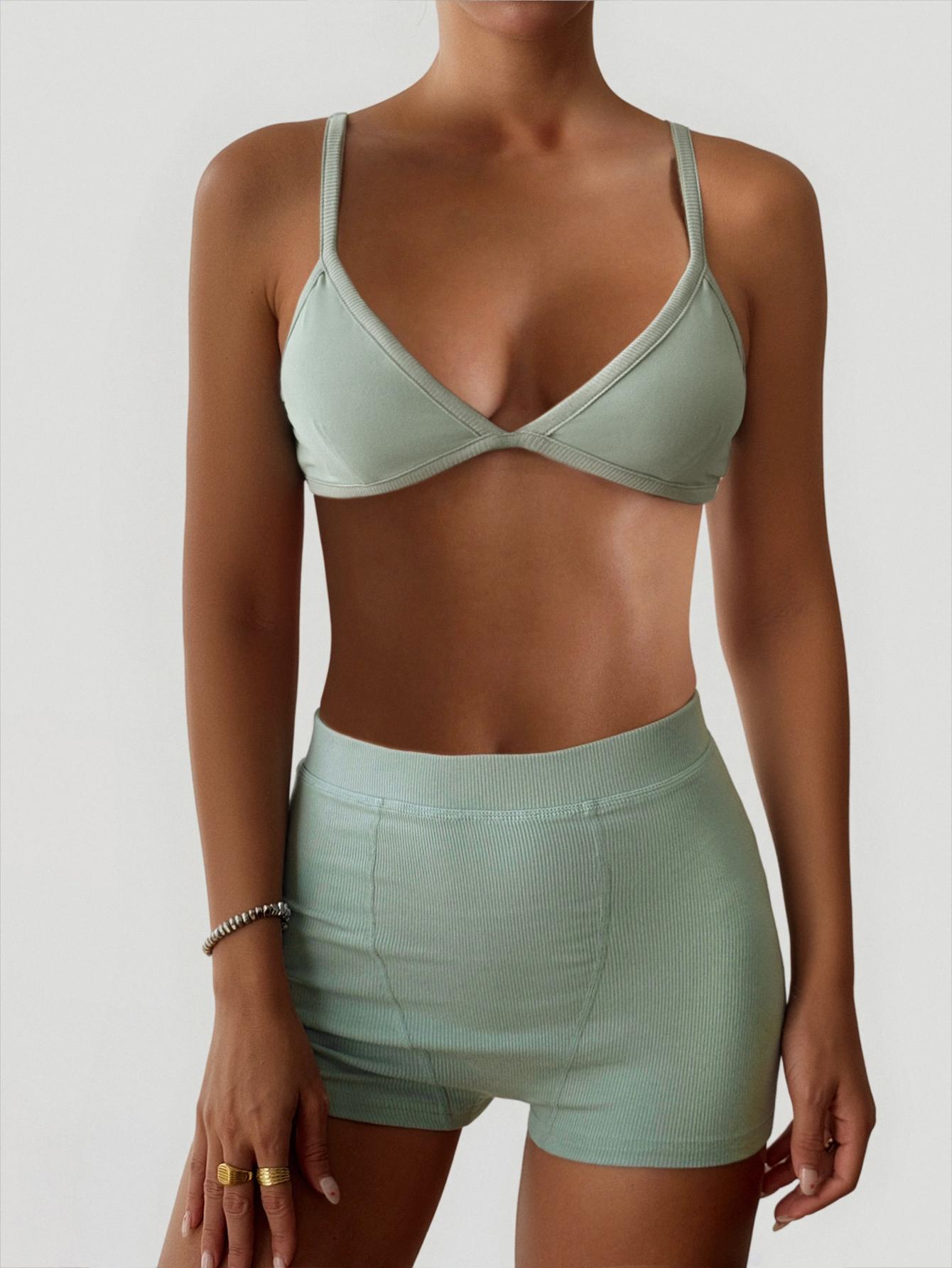 Women's 2 Piece Ribbed Yoga Set - Triangle Cami Crop Top & High Waisted Shorts, Stretchy Activewear for Gym, Fitness & Lounge Wear