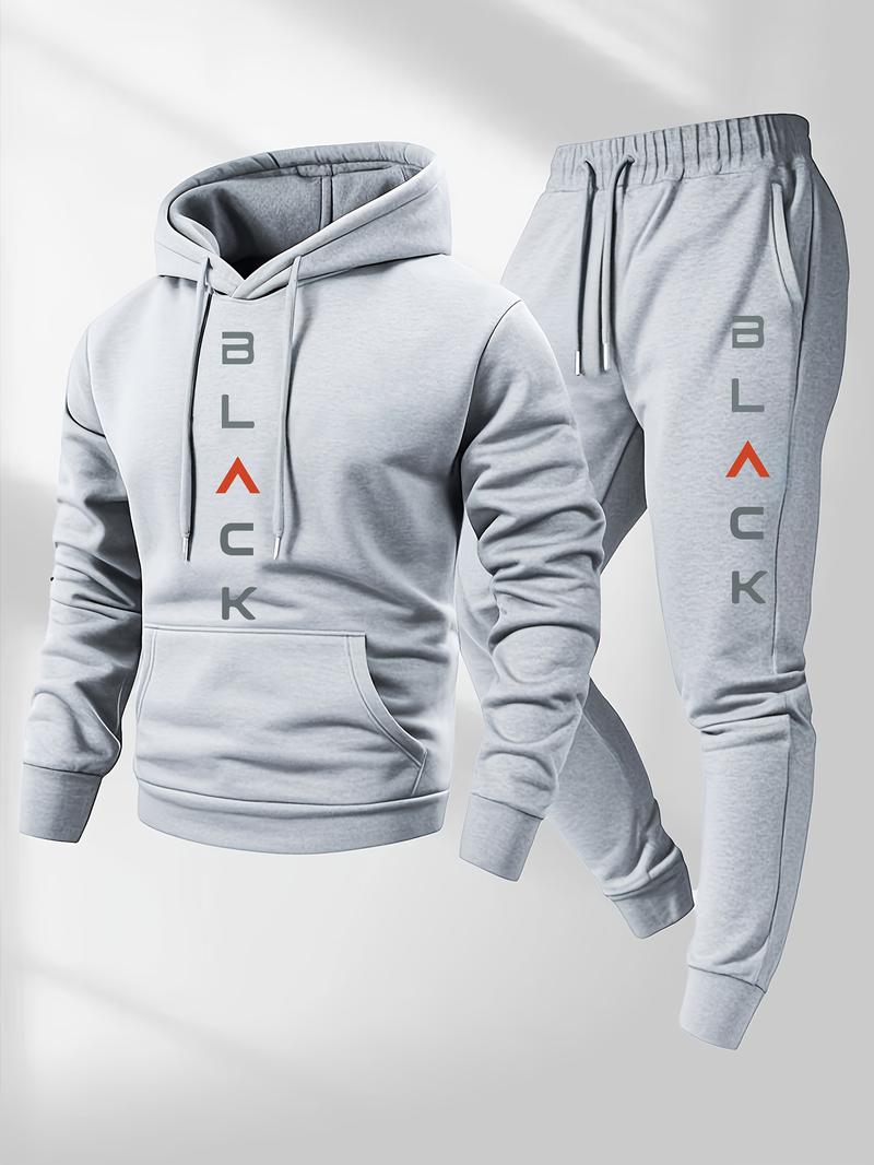 Men'S Complete Outfit - Stylish Hooded Sweatshirt & Joggers Set with "BLACK" Print, Gray Casual Streetwear, Long Pants, and Matching Hoodie, Perfect for Fall/Winter, Cozy Clothing | Sporty Look | Nonstretch Fabric