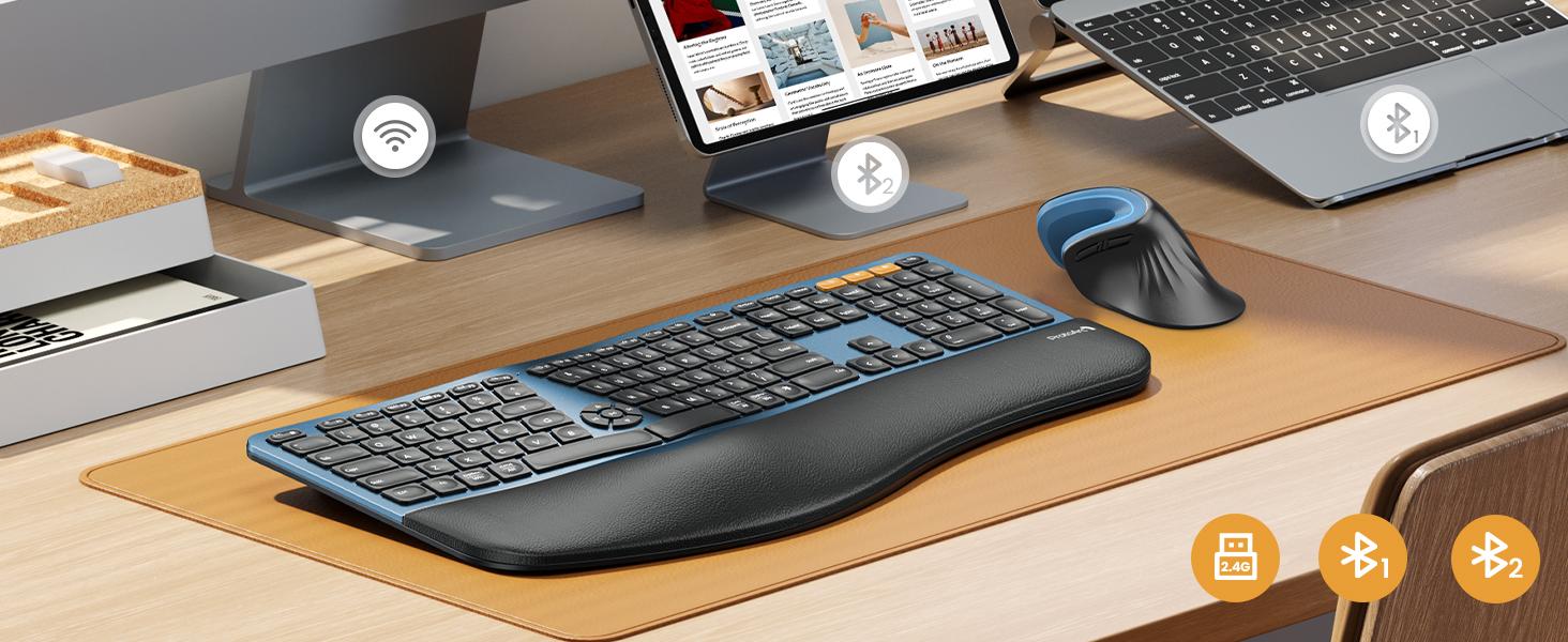 ProtoArc EK01 Plus Backlit Full Size Wireless Ergonomic Keyboard and EM11 NL Dual Bluetooth Vertical Mouse