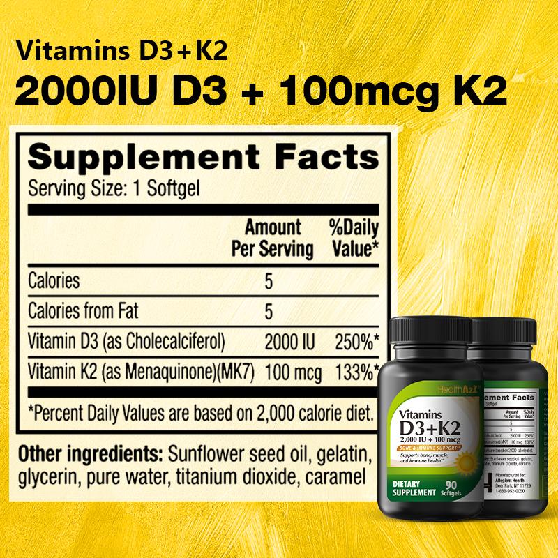 HealthA2Z Vitamins D3 + K2 (MK-7) - 90 Softgels (Pack of 1) - Bone, Mood, Muscle & Immune Health Support - Helps Calcium Absorption