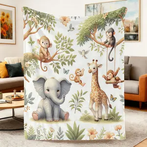 Soft Comfortable Funny Throw Blanket Grassland Animal Flannel Blanket With Leaves,Elephants,Giraffes And Monkey Elements For Autumn Cold-resistant Nap Blankets,Suitable For Living Room Sofa And Travel Portable Multi-purpose Blankets
