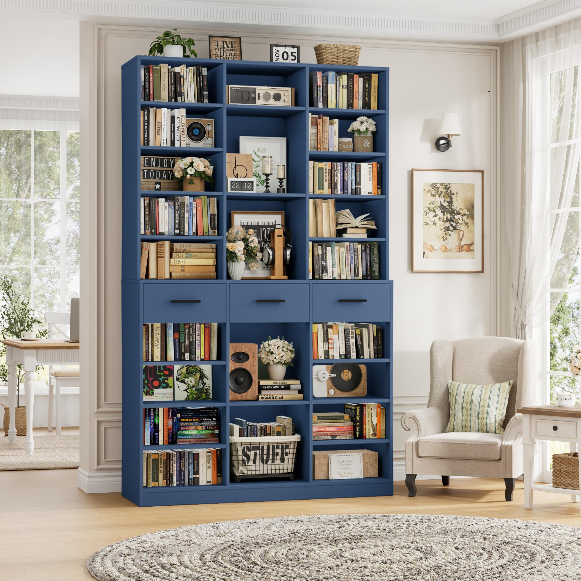 HOSTACK 75" Tall Bookshelf and Bookcase 47" Wide with 3 Drawers Modern 9 Tier Adjustable Shelves for Living Room Storage and Display
