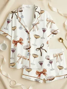 Women's Espresso Martini Coquette Bow Short Sleeve Satin Pajama Set Soft Breathable Fabric Button-Up Front Lapel Collar Relaxed Fit for Spring Summer Fall Premium Latin Satin 100% Polyester