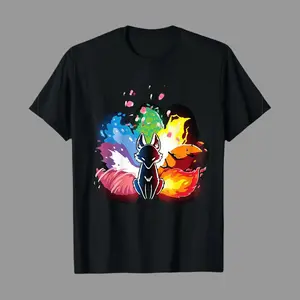 Men's Japanese Kitsune Fox Seven Elements Cherry Blossom Graphic T-Shirt - 95% Polyester 5% Spandex, Streetwear Short Sleeve Round Neck Summer Casual Tee with Vibrant Color Splash Design, Comfortable Streetwear, Medium Stretch Fabric, Menswear, Shortsleev