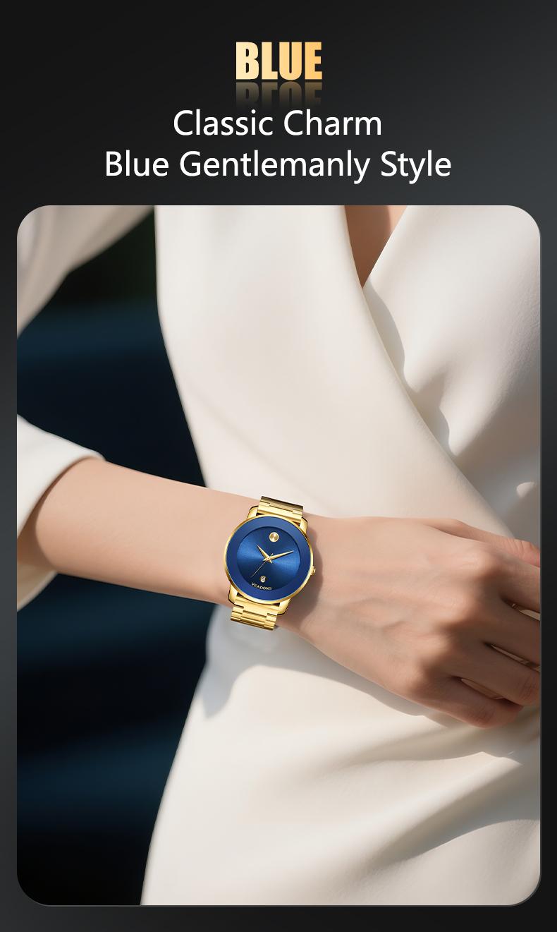Luxury business quartz watches for ladies and gentlemen, featuring solid stainless steel straps, calendar function, and water resistance. With a minimalist design, they are elegant and durable, suitable for daily wear.