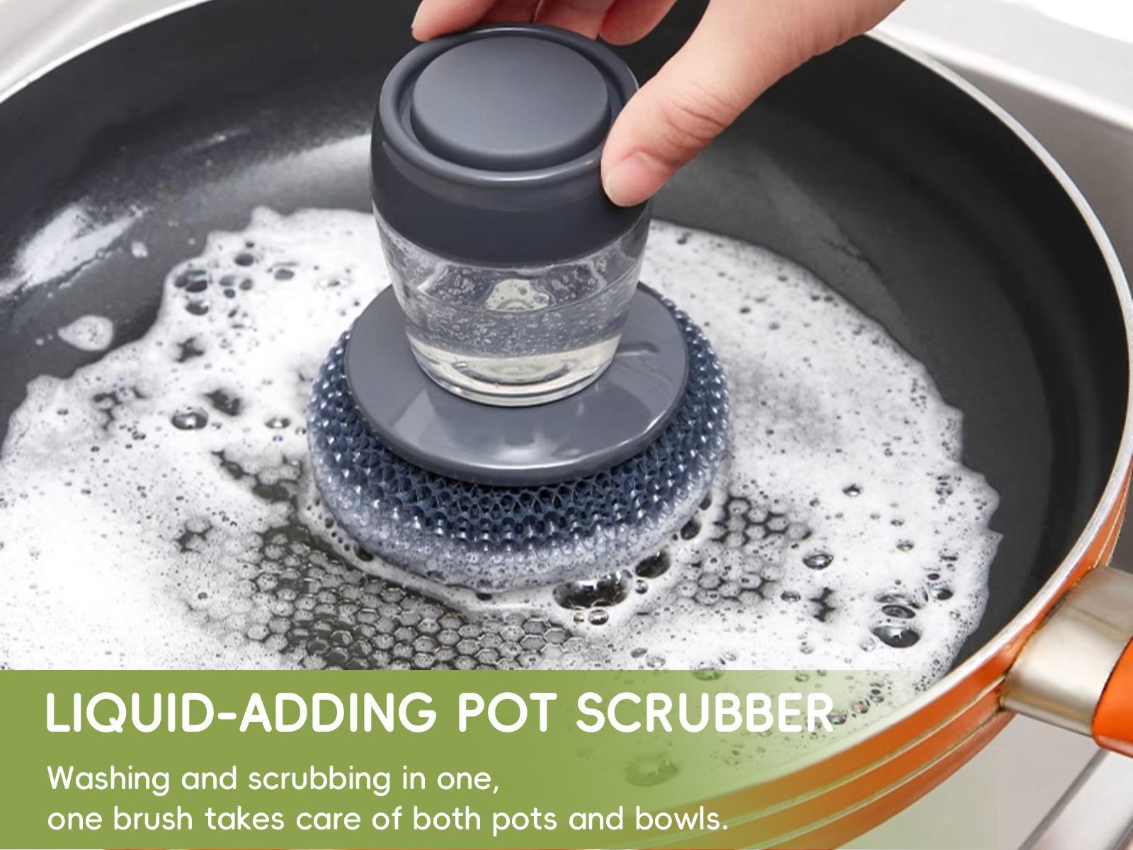 Automatic Soap Dispensing Dish Brush with Press Button – One-Hand Cleaning Scrubber for Frying Pans, Plates, Dishes and Small Bowls