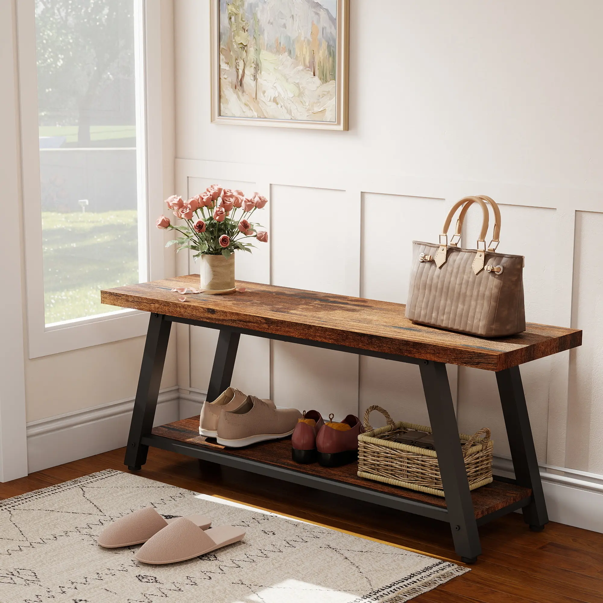 47" Rustic Wood Bench for Entryway or Bedroom End of Bed, Modern Farmhouse Indoor Wooden Bench with 2 Tier Storage, 440Lb. Capacity, Simple Assembly summergarden