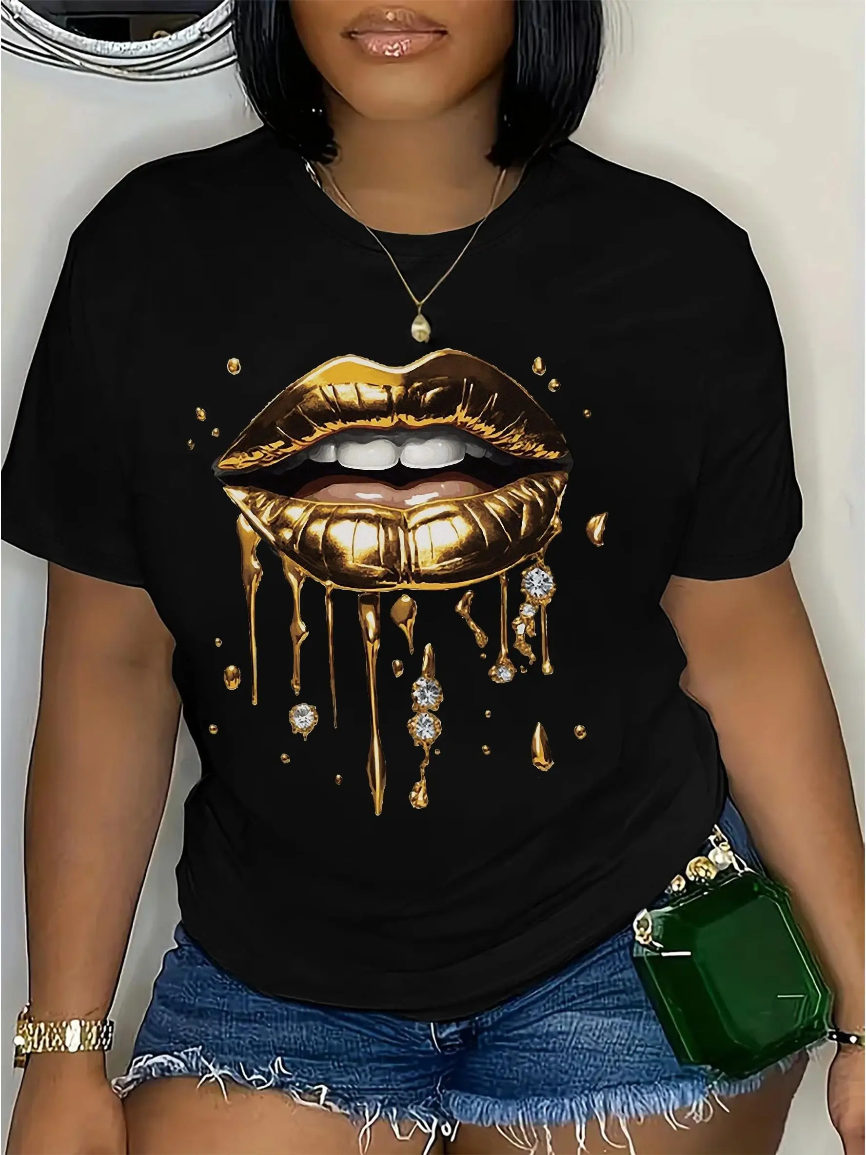 Women's T-Shirt, Dripping Gold Lips Rhinestone Graphic, Boss Lady Glam Loose Fit 100% Cotton Comfortable Short Sleeve Crew Neck Top, Tshirt, T Shirts For Women, Smooth, Casual Wear, Round Neck, Lip & Cupid's Print, Machine Washable, Crystal, Denim