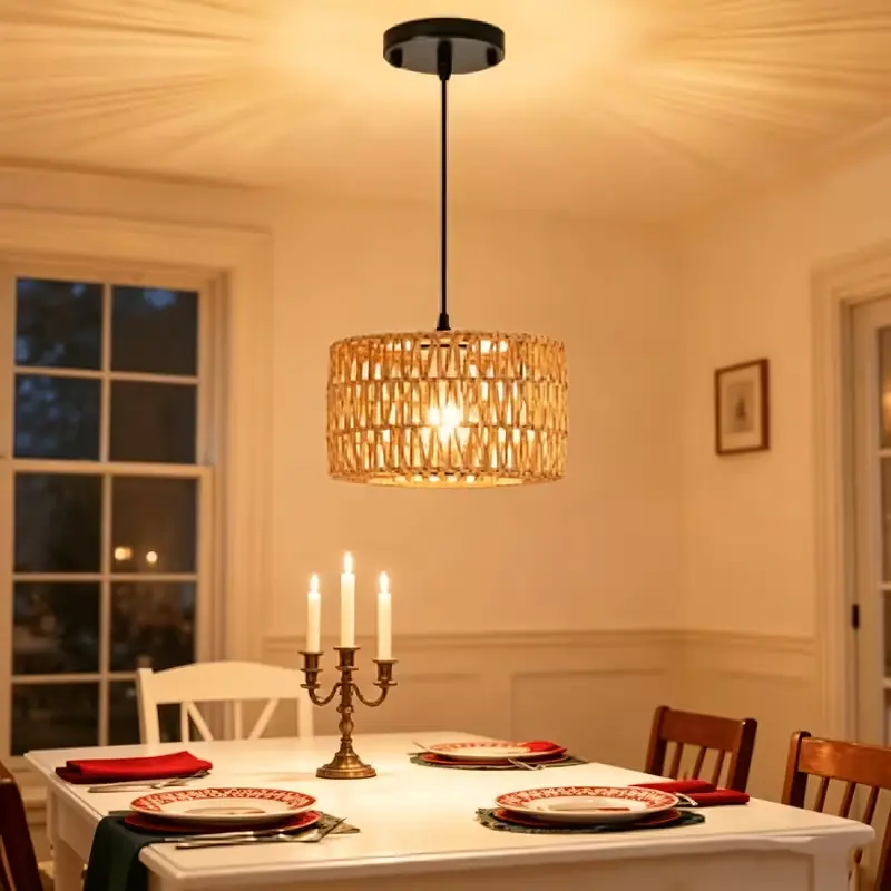 Bohemian Handwoven Rattan Lantern Pendant Light Dimmable LED Bulb Included Adjustable Hanging Height Vintage Boho Decor Hanging Lamp Suitable for Bedroom Living Room Cafe Kitchen Entryway Indoor Home Decor, Led Lighted, Room Lights