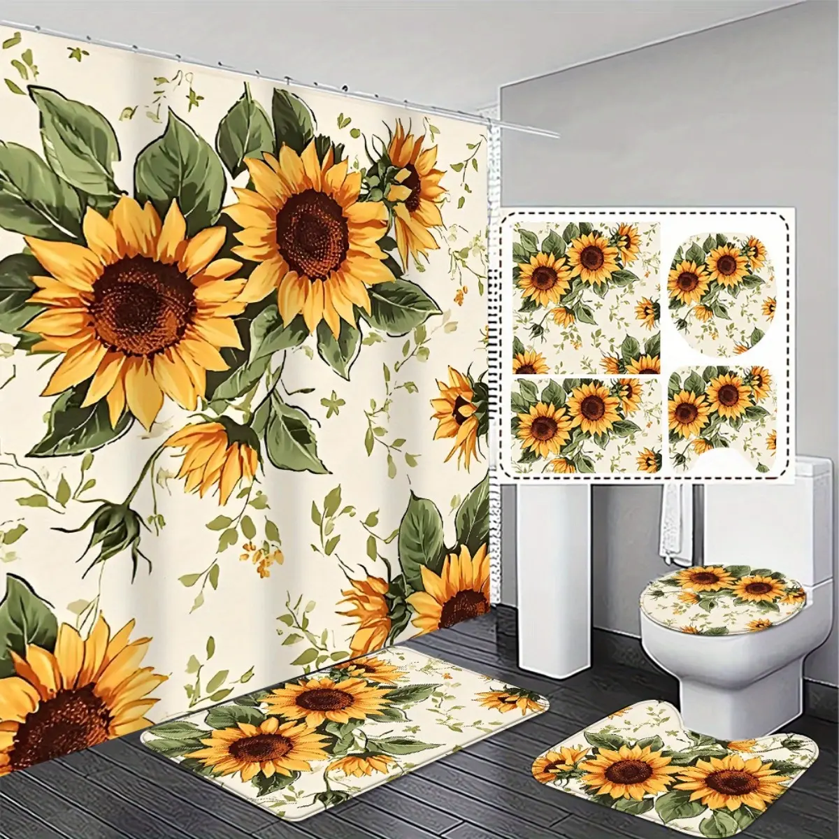 4pcs Polyester Sunflower Bathroom Decor Set - Shower Curtain, Non-Slip Toilet Lid Cover, Bathroom Accessories, Vibrant Floral Design, Light Blocking, Water Absorbent, Practical Home Decoration Gift