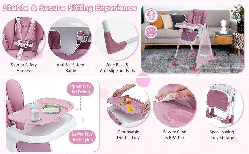 GARVEE Baby High Chair: Adjustable Height, Reclining Feature, Lightweight Aluminum Frame, Easy Clean Removable Tray, Foldable Design, Available in Lilac and Dark Gray, Ideal for Feeding and Playtime. GARVEE Baby High Chair: Adjustable Height, Reclining Feature, Lightweight Aluminum Frame, Easy Clean Removable Tray, Foldable Design, Available in Lilac and Dark Gray, Ideal for Feeding and Playtime.