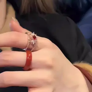 Retro Court Style Chinese Jade Marrow Ring Female Vintage Double-layer Detachable Design Ring New Year Good Luck