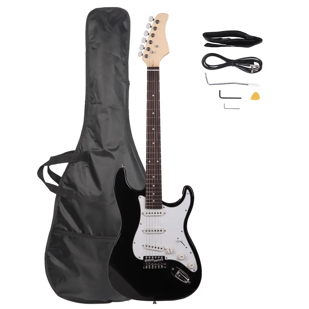 Full-Size Rosewood Fingerboard Electric Guitar Starter Kit - Black/White, Affordable Stylish Beginner Set with Accessories, Bag, Wrench Tool, String, Ideal Musical Gift for Hobbyists