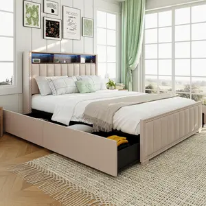 Upholstered Storage Bed Frame with LED Lights – 4 Drawers & Headboard Charging Station – Modern Platform Bed for Small Bedroom & Master Suite