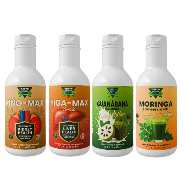 Green Royalty 4-Pack All Natural Vegan Herbal Liquid Supplement Juice & Tonics Bundle (20.2 oz Each, 4 Bottles) - Guanabana, Moringa, Riño-Max, Higa-Max, Artichoke Extracts - FDA Registered Botanicals, Adult Liver Support Antioxidant Dietary Supplement, A