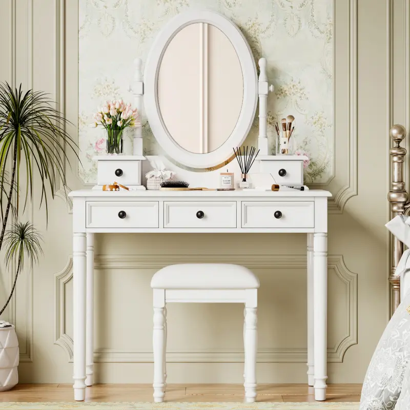 38" Vintage Vanity Desk Set with Oval Mirror, Adjustable Makeup Desk with 5 Drawers & Matching Stool, 180° Tilt Mirror, Classic Carved Design for Bedroom/Dressing Room, White