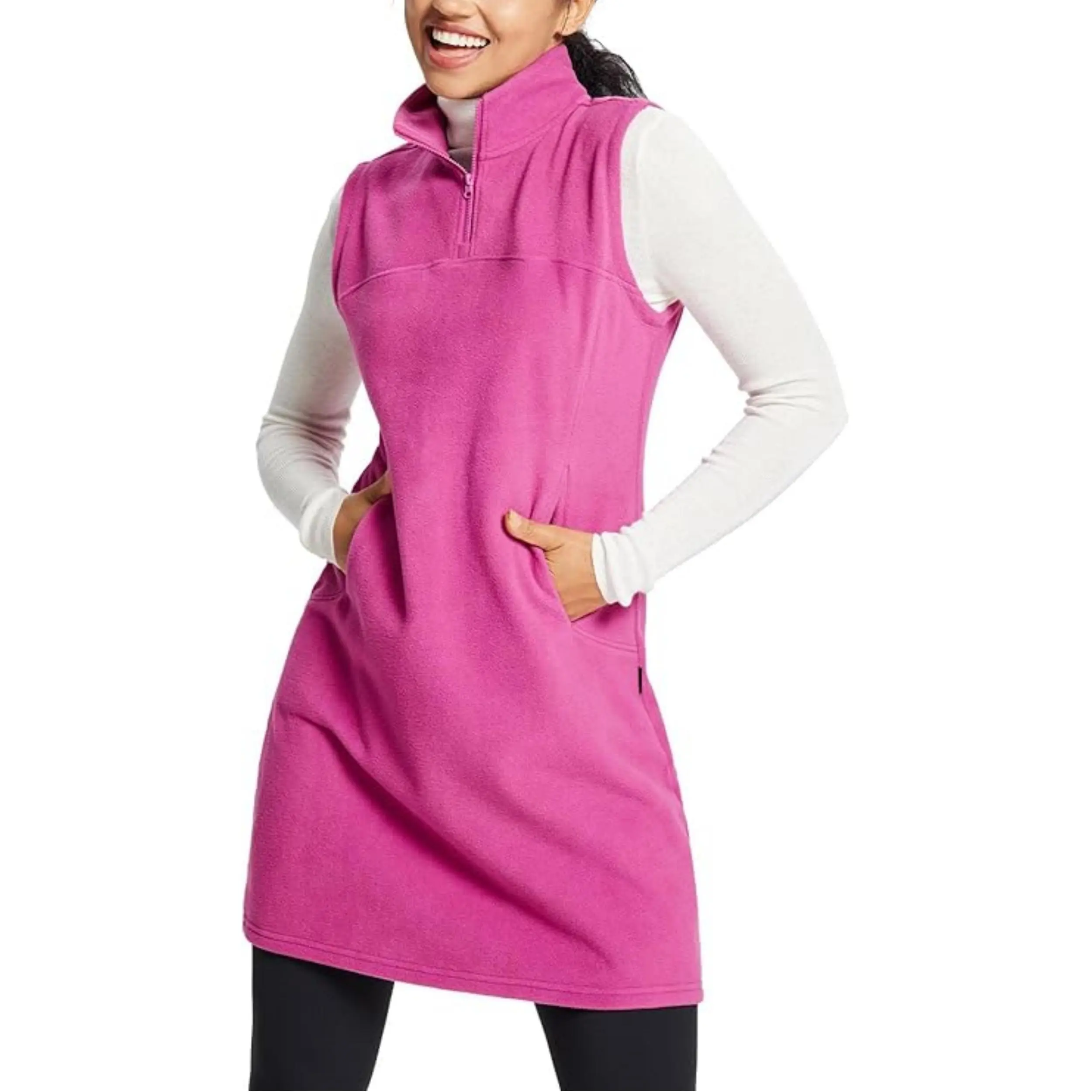 baleaf Women's Tall Sleeveless Polar Fleece Tunic Dress, Cute Quarter-Zip Pullover with Kangaroo Pocket for Gym & School