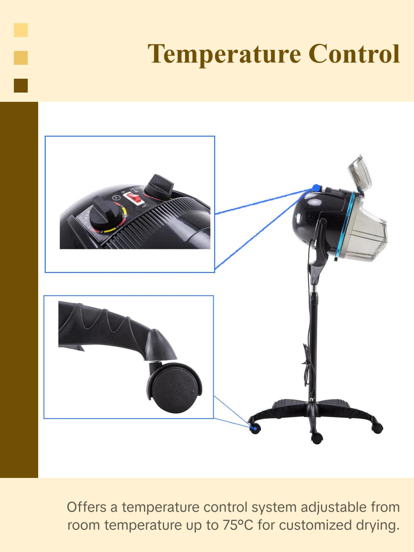 BarberPub 1300W Adjustable Hooded Floor Hair Bonnet Dryer Stand Up Rolling Base  Hot Perm Heating Element VHD08