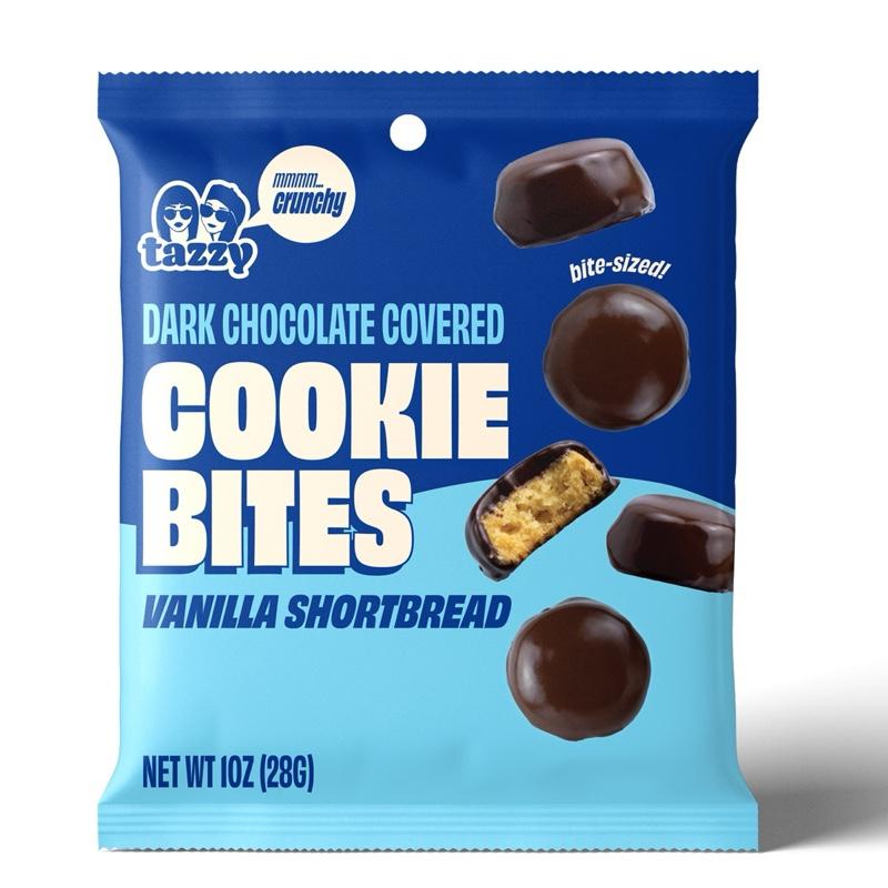Tazzy Dark Chocolate Coated Shortbread Bites - 100% Real Butter, 6 Bags, Individual Serving Size, Crunchy Mini Cookies