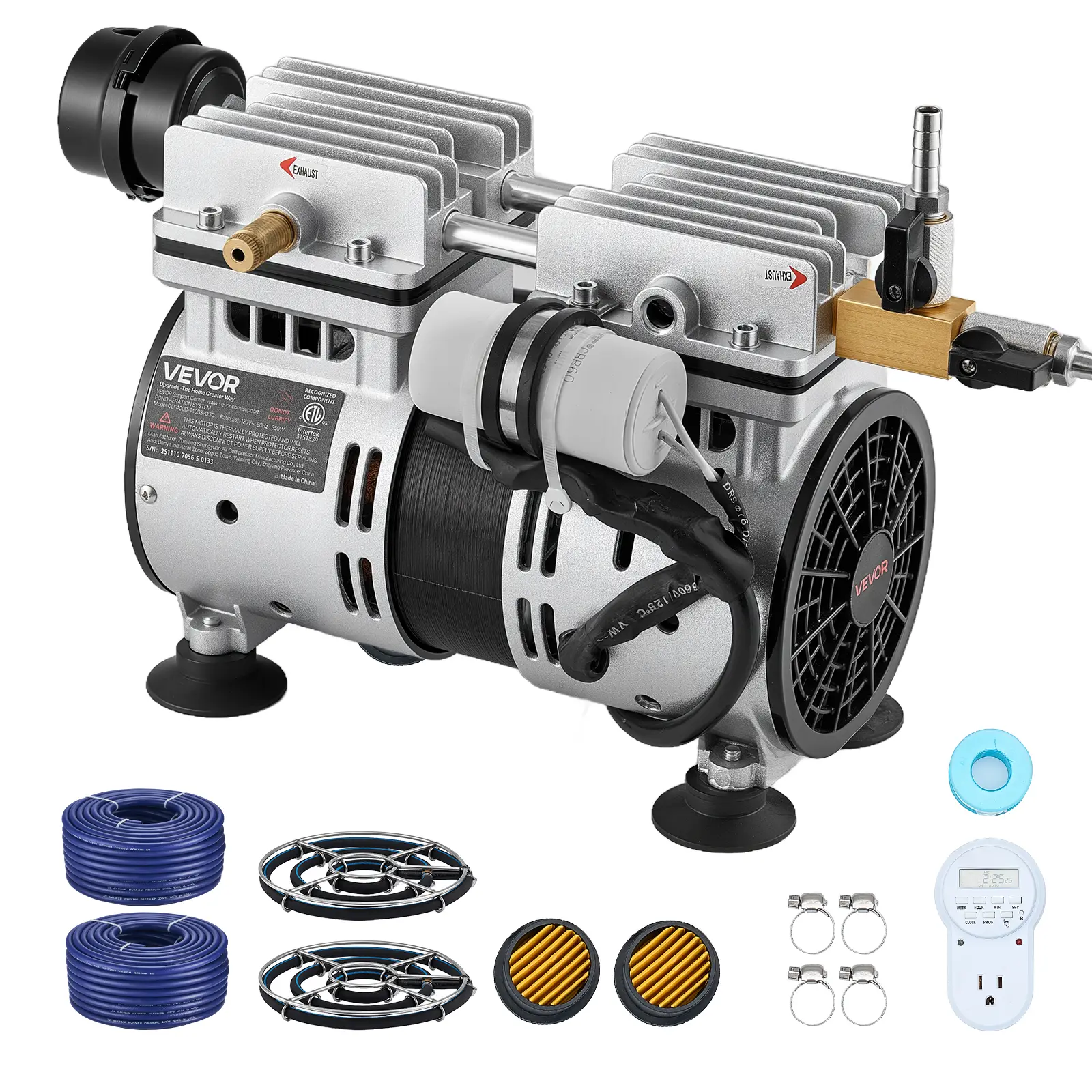 【SummerFinds】VEVOR Pond Aerator, 3/4 HP 5.2CFM 1665 RPM Air Compressor, 2 Diffuser Plates, 2 Pieces of 100 ft Weighted Self-Sinking Hose, All Required Accessories, 120V System for 3-Acre Lakes, Deep Water Oxygen Circulation, Fathers Day, Anti-Backflow Sec