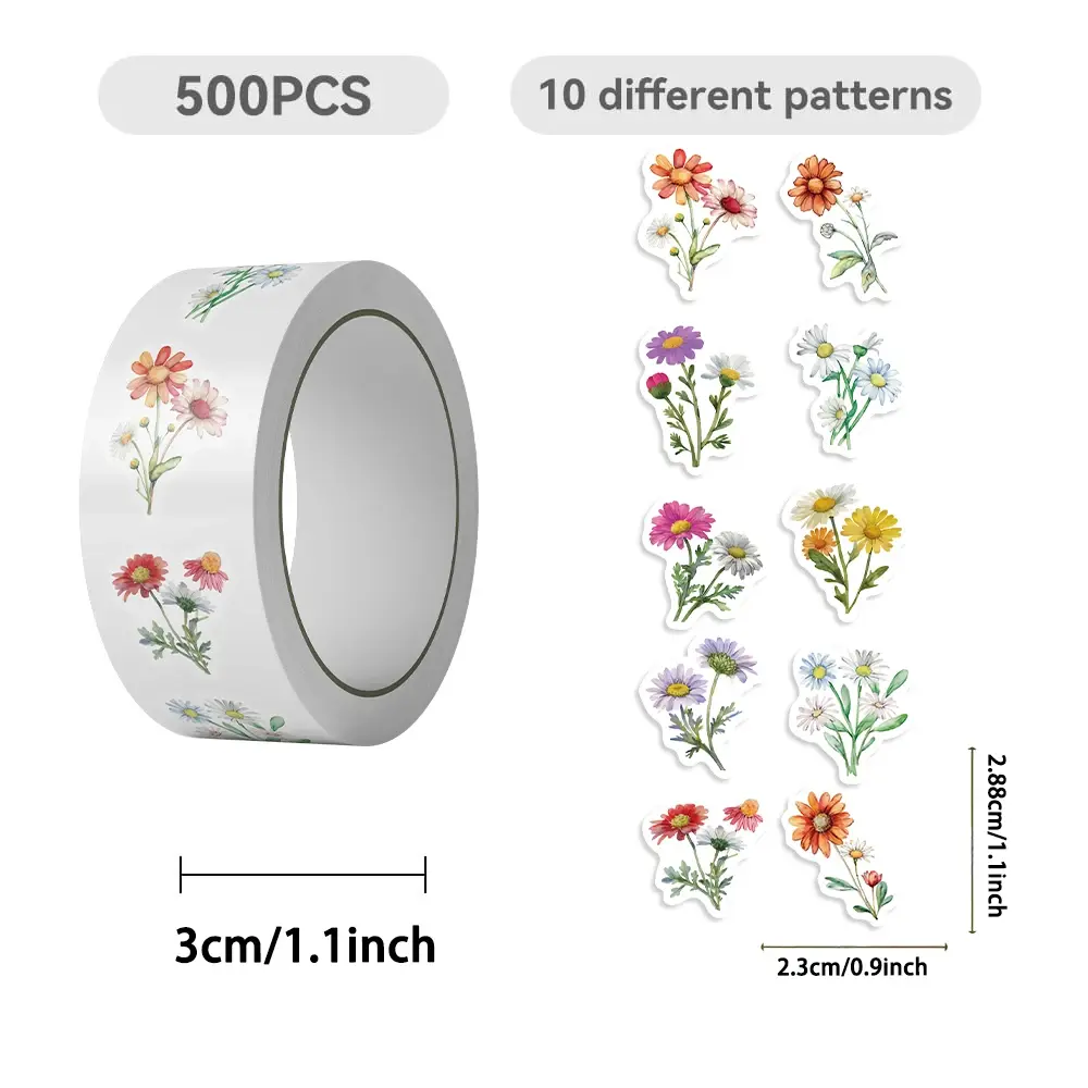 500pcs Daisy Wildflowers Sticker Roll Waterproof Decals for Laptops Water Bottles Phones Skateboards