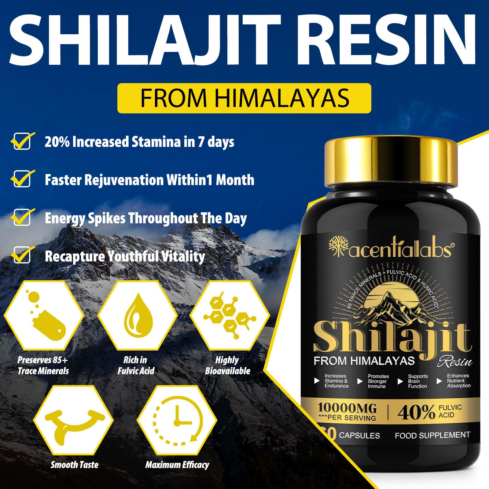 ACENTIALLABS Shilajit Capsules 10000 MG - 60 Capsules | Pure Himalayas Shilajit Capsules for Men & Women | Shilajit Resin Supplement | Three Month Supply! | 40%Folvic Acld Non-GMO, Gluten-Free