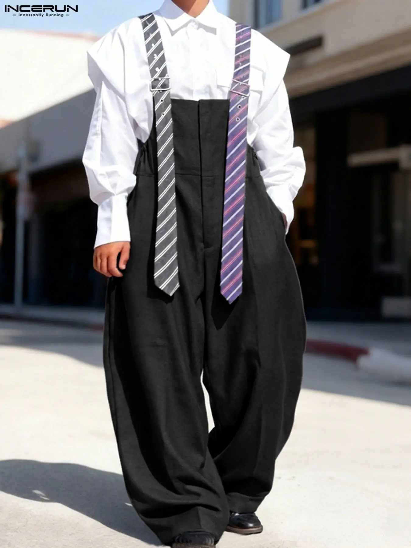 Men's INCERUN Fashion Casual Overalls with Striped Tie Decorations, Comfortable All-Season Wear, Perfect for Daily Wear