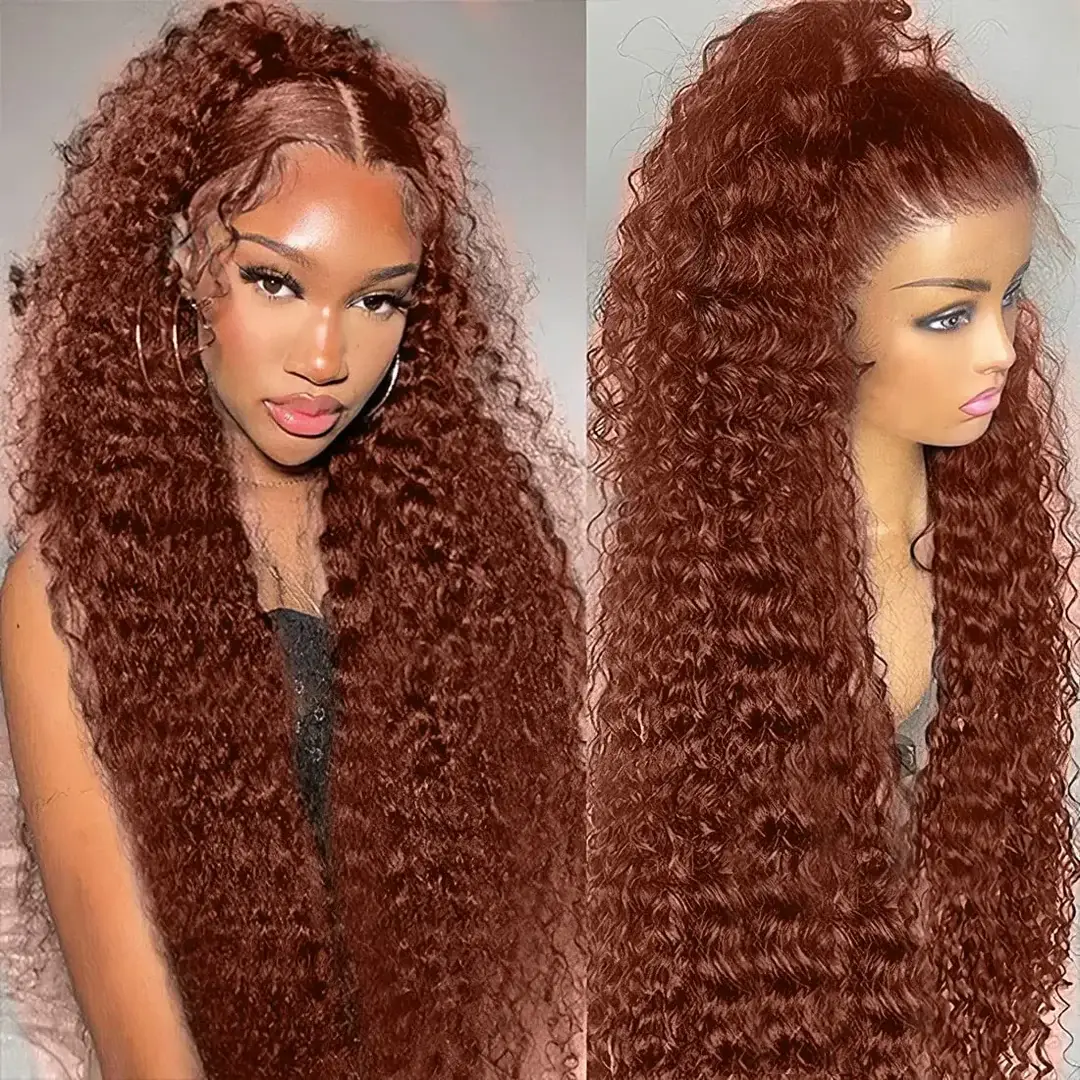 ZLIKE 28 Inches Reddish Brown Deep Wave Wigs Transparent Lace Closure Human Hair 180% density Wigs For Women High-Quality Hair Extensions