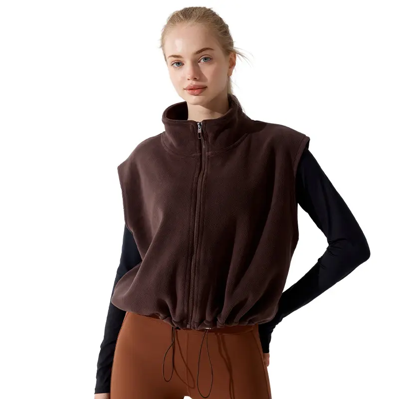 Arssm Women Zip Up Fleece Cropped Vest, Stand Collar Sleeveless Drawstring Hem Polar Fleece Gilet, Oversized Relaxed Athleisure Layering Workout Outerwear Vest