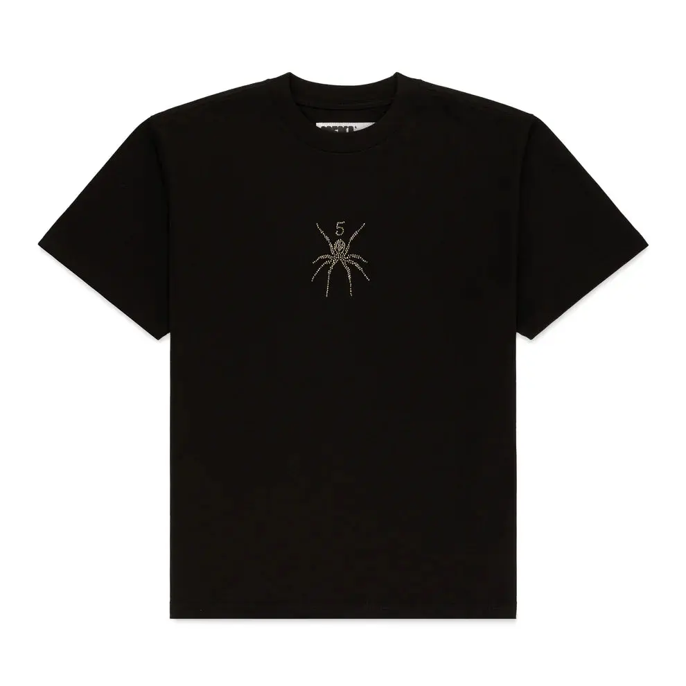 Authentic Sp5der Men's Short-Sleeve Round Neck Normal Type T-Shirt - Unisex Streetwear Top, Black with Rhinestones Spider Web Graphic, 100% Authenticity Guaranteed, Brand New