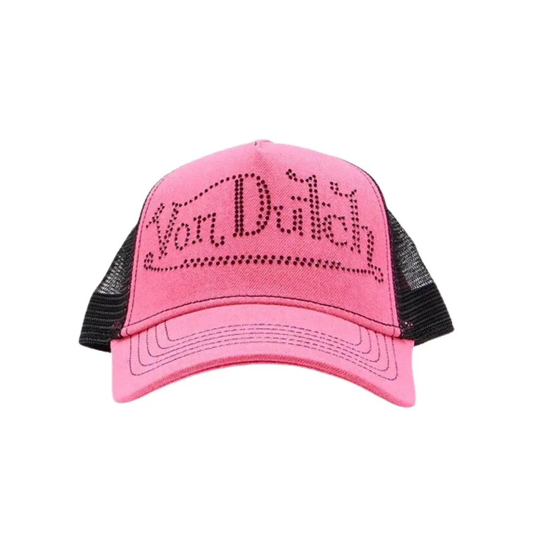 Von Dutch Pink Rhinestone Classic Trucker Hat - Fitted Snapback, Curved Brim, 90s Aesthetic, 2000s Rhinestone Hats, 90s Throwback Fashion Accessory, Fitted Snapback Hats, 2000S Hats