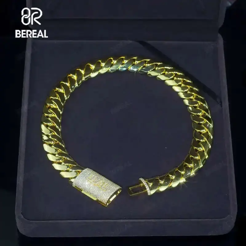 Factory Direct 925 Silver Gold-Coated Moissanite Miami Cuban Chain Bracelet - Iced Out Round Brilliant Cut, VVS Diamonds, Custom Engraving & Printing, Hip Hop Fashion Accessory