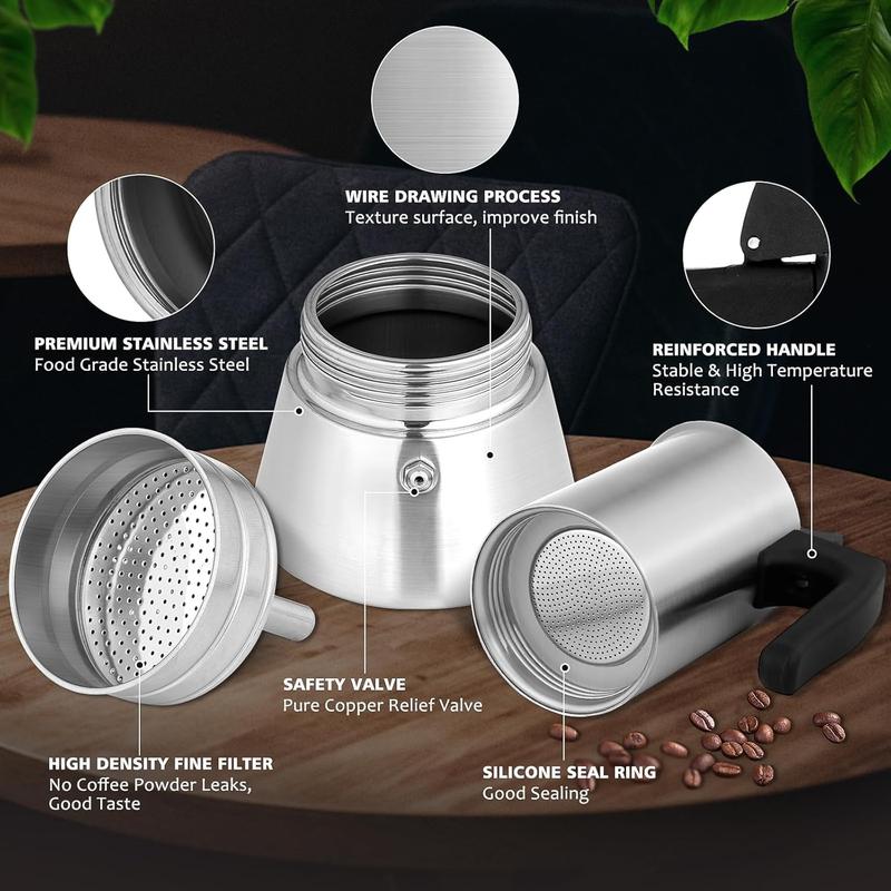 Espresso Maker Stainless Steel Moka Pot, 6 cup Espresso Coffee Pots 300ml/10oz(Espresso Cup=50ml/1.7oz), Italian Coffee Maker for Induction Cookers Hobs, Cafe Maker for Camping Home