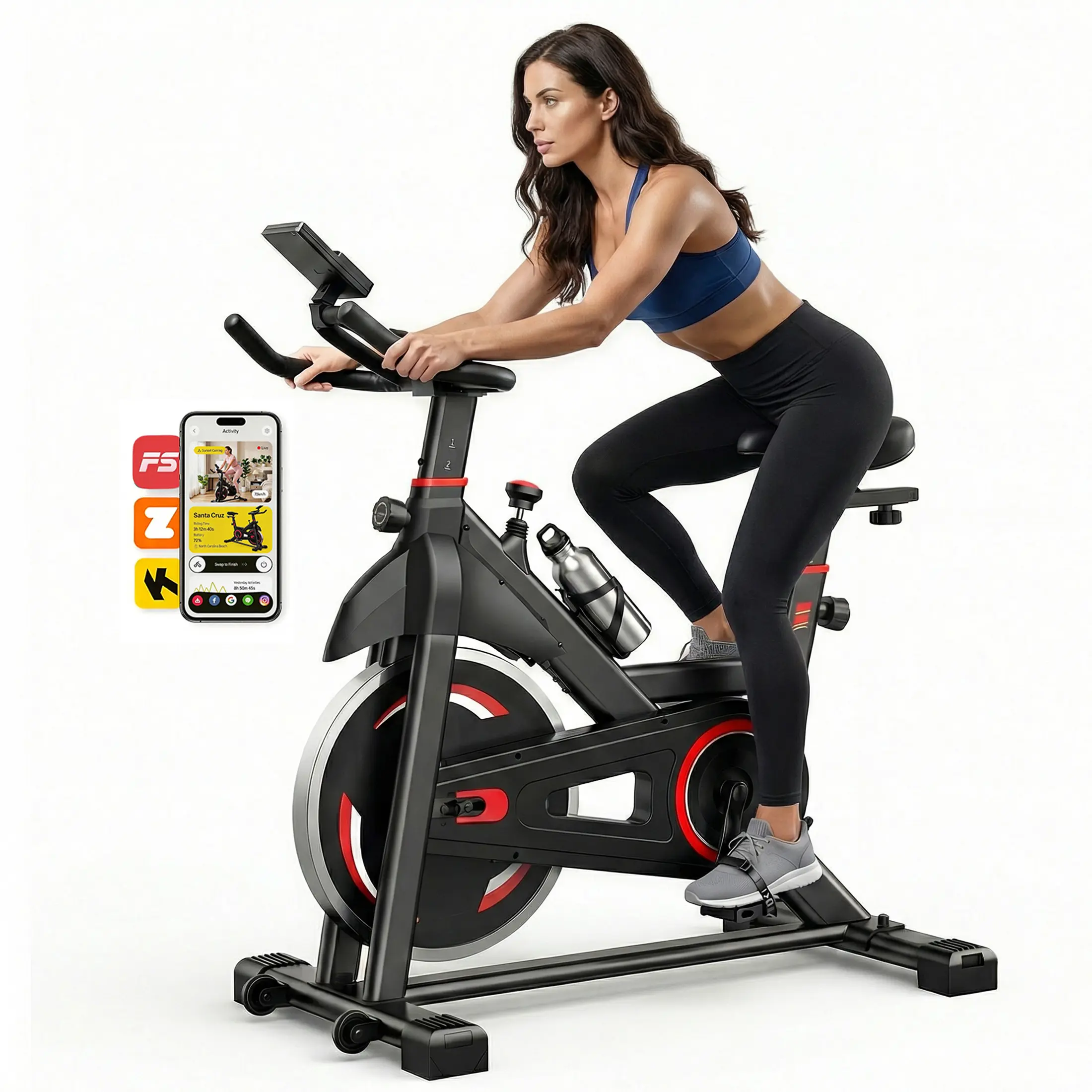 Sweetcrispy Exercise Bike with APP Control, Brake Pad Stationary Bikes with Quiet Magnetic Resistance, Indoor Cycling Spin Workout Bike with 300.0 lbs Weight Capacity for Living Room, Home, Gym, Orange