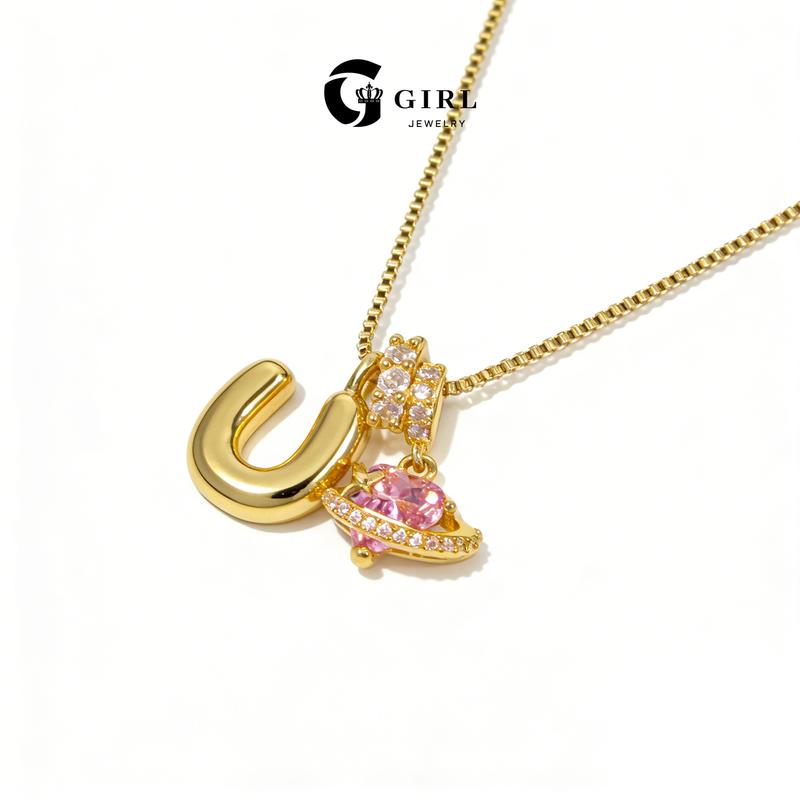 GGlRL Bubble Letter  Necklace Initial Heart Necklace for Women Man Pink Cubic Zirconia Pendant Letter Diamond 18KGold Plated Fashion Jewelry Gift For Holiday Christmas Birthdays Anniversaries