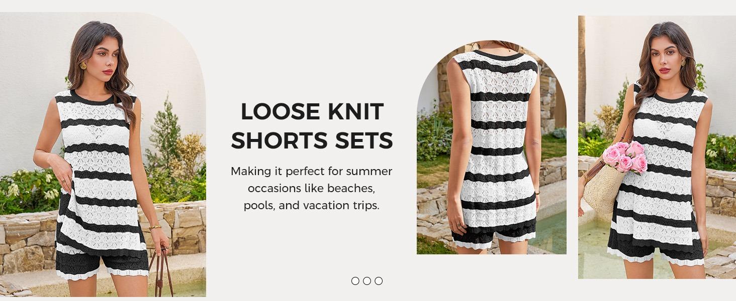 Fisoew Womens Striped Crochet Knit 2 Piece Set Sleeveless HollowOut Tank Top & Matching Shorts Breathable Beach Casual Outfit for Summer Vacation SpringStatements
