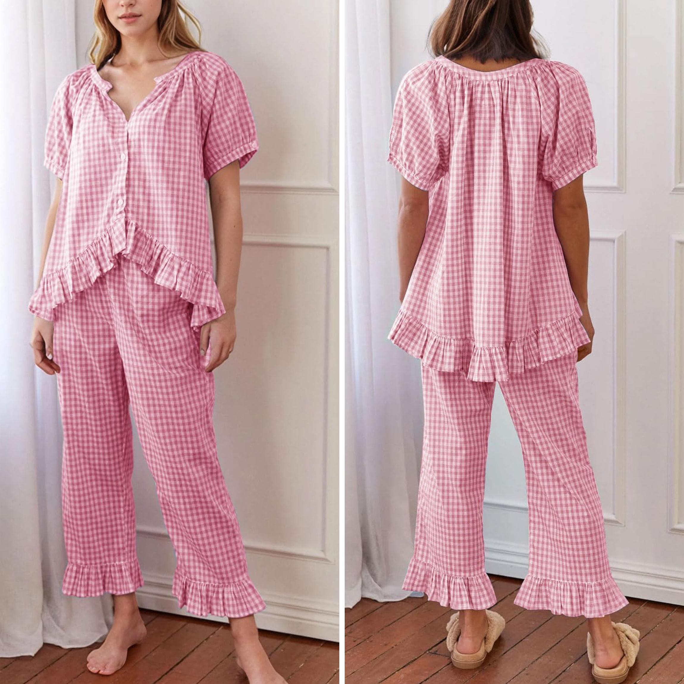 Buenoble Womens Plaid 2 Piece Pajamas Sets Gingham Button Down Puff Sleeve Babydoll Shirt Ruffle Pants Y2K Pjs Lounge Set SpringStatements