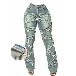 Women's casual streetwear jeans, 90s high stretch distressed fringe hip-hop denim pants, with slanted pockets, suitable for daily wear fashion trend - underwearGift