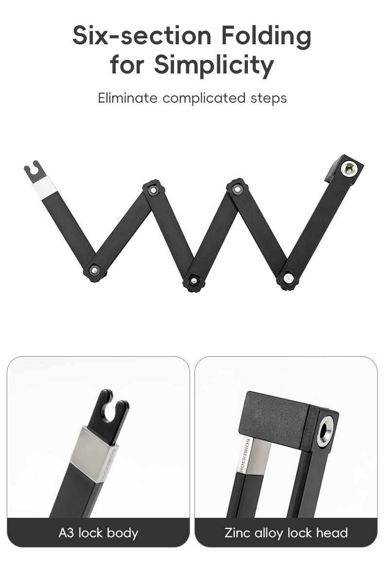 ROCKBROS Folding Bike Lock, Bicycle Lock Heavy Duty Anti Theft, Bike Locks with Mounting Bracket, Durable Alloy Scooter Lock,67 cm/26 inches