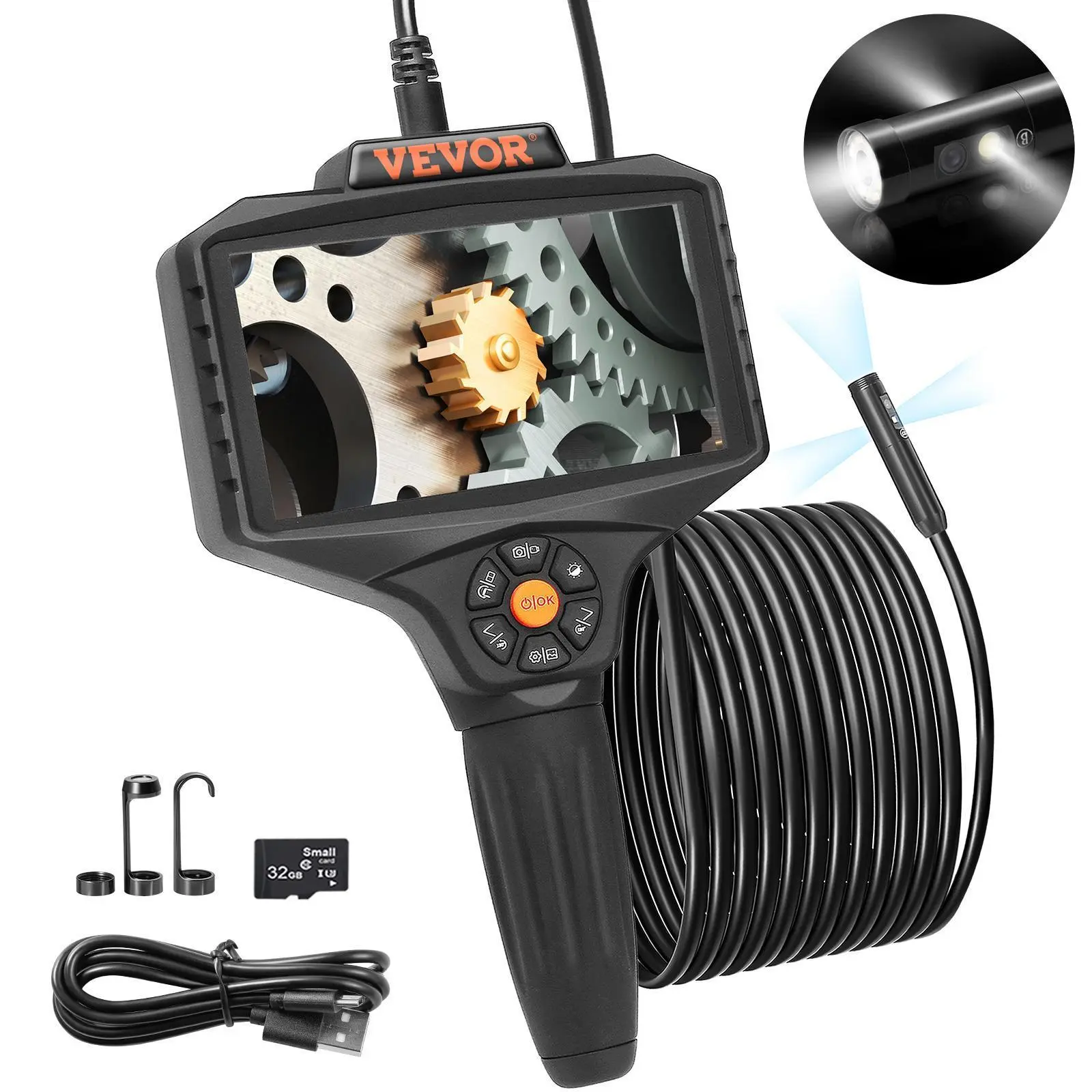 【Summerfinds】VEVOR Triple Lens Borescope,  , 5" IPS Screen Inspection Camera with Lights, 8X Zoom 1080P HD Split Screen, 10 LED Lights Scope Endoscope Camera for Automotive, Plumbing(16.5FT Cable, 32GB Card)