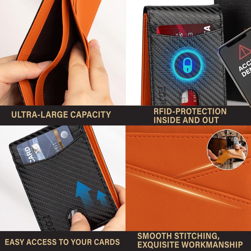 EOJN Slim Mens Wallet Front Pocket with 11 Slots Minimalist RFID Blocking Credit Card Holder Carbon Fiber Money Clip in Gift Box Leather