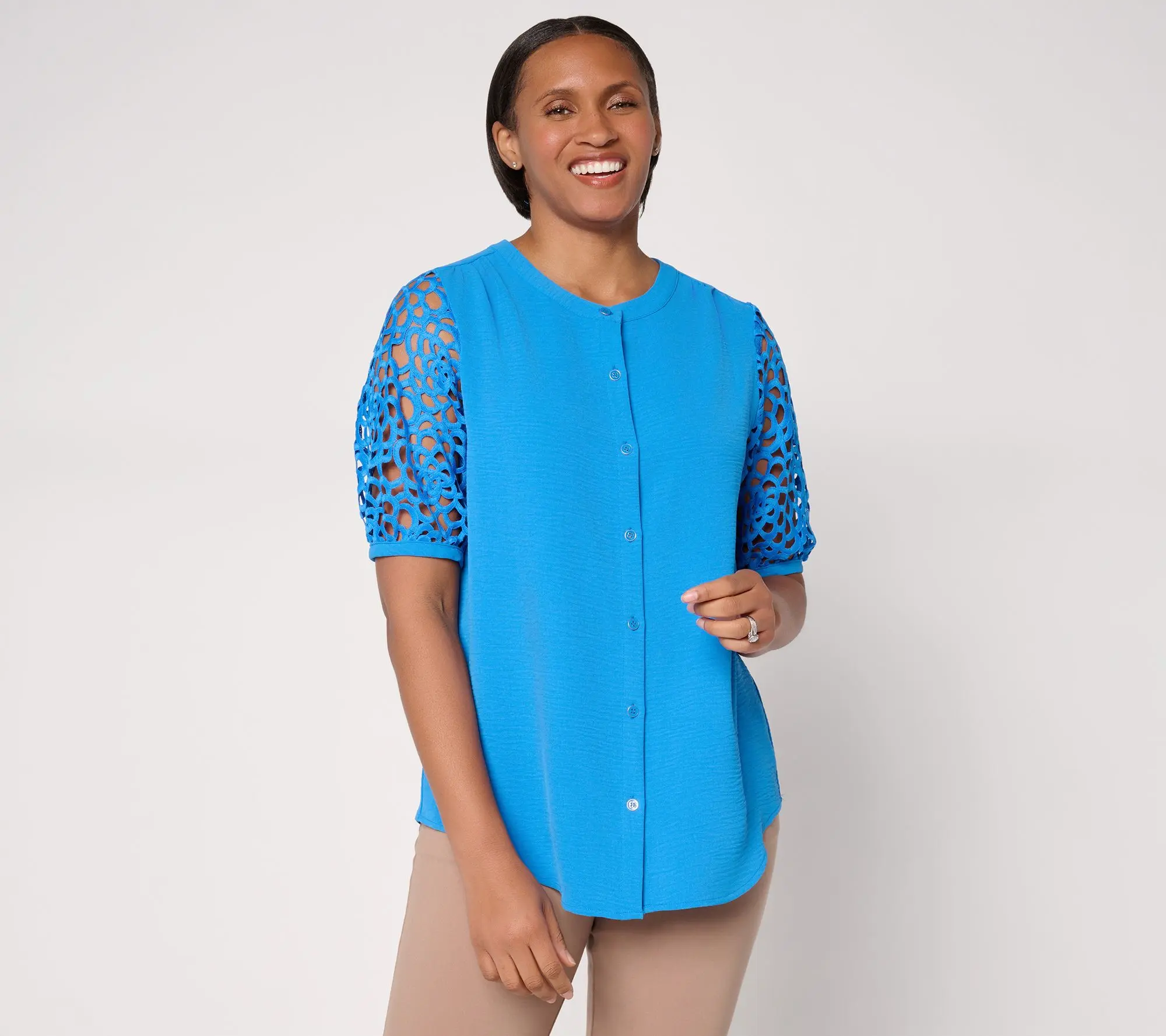 Susan Graver Crinkled Woven Button-Front Top w/ Lace Sleeves