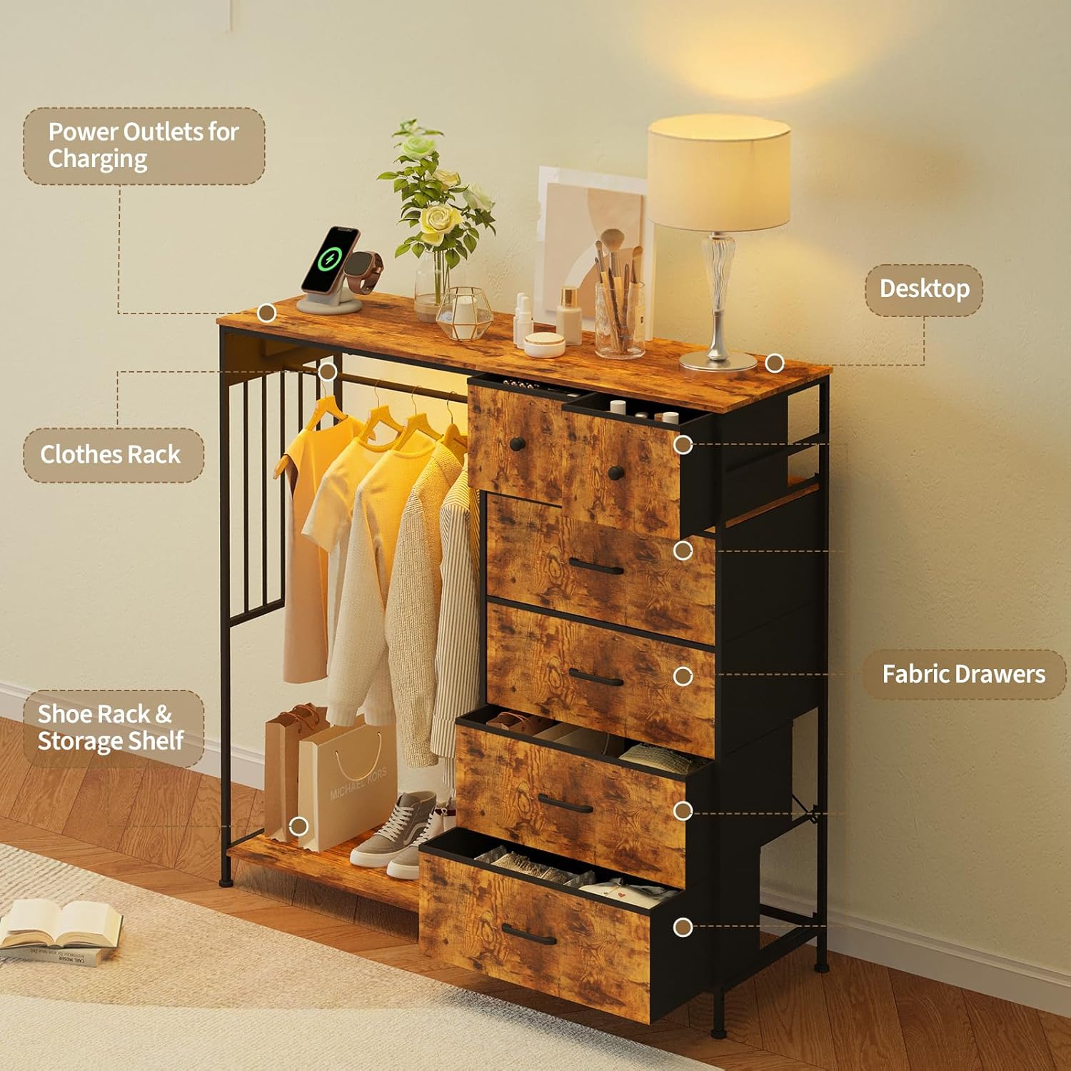 49.2" w Dresser with Hanging Rack & LED Lights, 6-Drawer Closet Organizer with Charging Station, Tall Storage Tower for Bedroom, Reversible Wood Top Chest, Sturdy Frame 49.2" w Dresser with Hanging Rack & LED Lights, 6-Drawer Closet Organizer with Charging Station, Tall Storage Tower for Bedroom, Reversible Wood Top Chest, Sturdy Frame