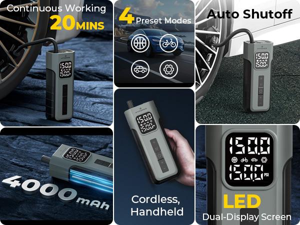 HYVOHEX Tire Inflator Portable Air Compressor, 1 Min Fast Inflation Cordless Bike Pump with Digital Pressure Gauge LED Light, 150 PSI Electric Air Pump for Car Tires, Bicycle, Motorcycle, Ball