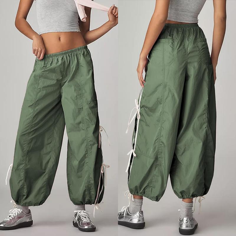 SCUSTY Trendy Side Bow Pants Women's Parachute Cargo Trousers Elastic High Waist Full Twist Hiking Casual Comfy Pocket Bottoms Black Minimalist