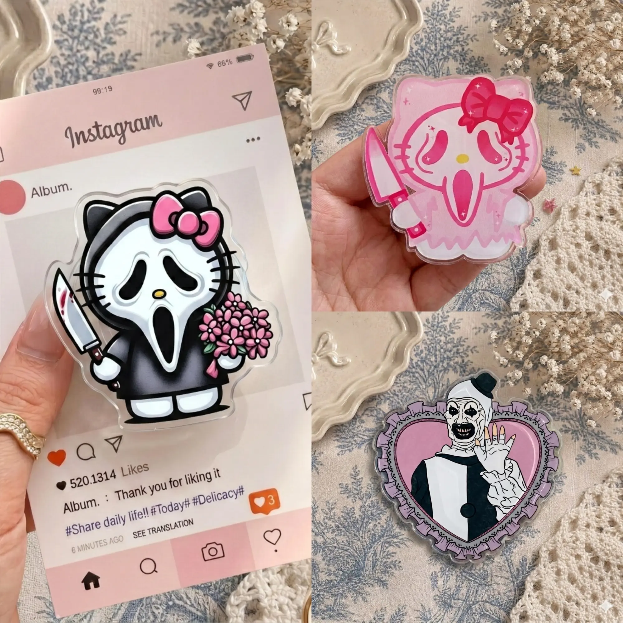 Spooky-Cute Mashup Phone Grip Set – Aesthetic Horror-Inspired Character Pop Socket, Unique Pastel Goth Phone Holder, Collapsible Smartphone Stand, Trendy Gift for Horror Fans