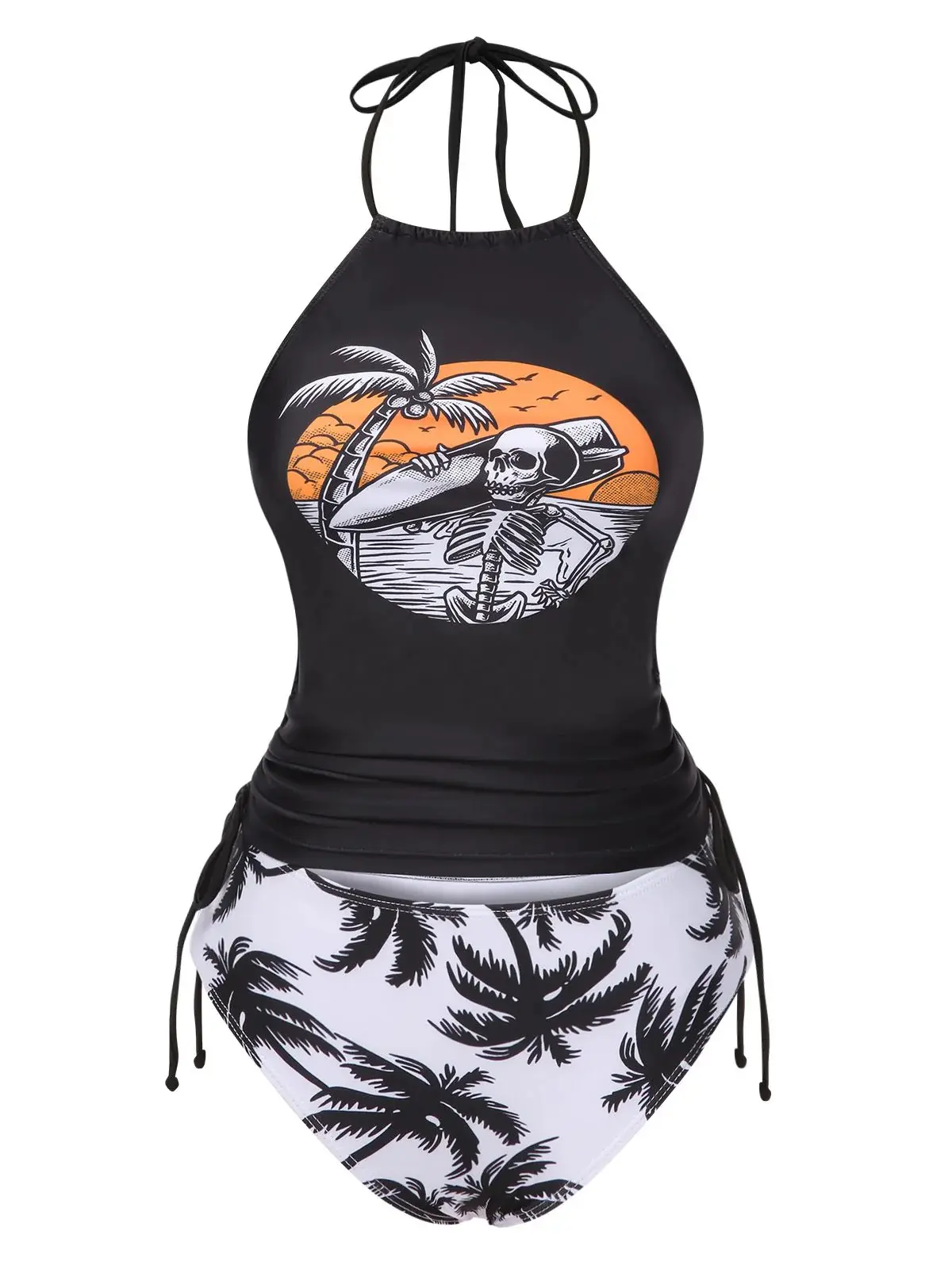 RETRO STAGE Women's Gothic Halter Bikini Set, Vintage 1980s Punk Skeleton Print 2-Piece Mid Rise Bathing Suit, Vintage Bikini, Halter Bikini Top tiktokshopbacktoschool