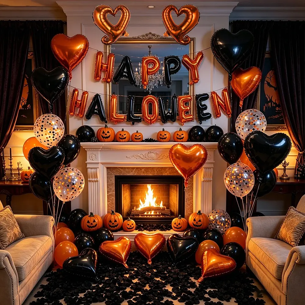 Orange Black Halloween Balloon Kit - Happy Halloween Banner, Heart, Confetti & Latex Balloons, 1000pcs Black Petals, All-in-One Spooky Decor for Haunted House, Parties, Home Mantel & Photo Backdrops